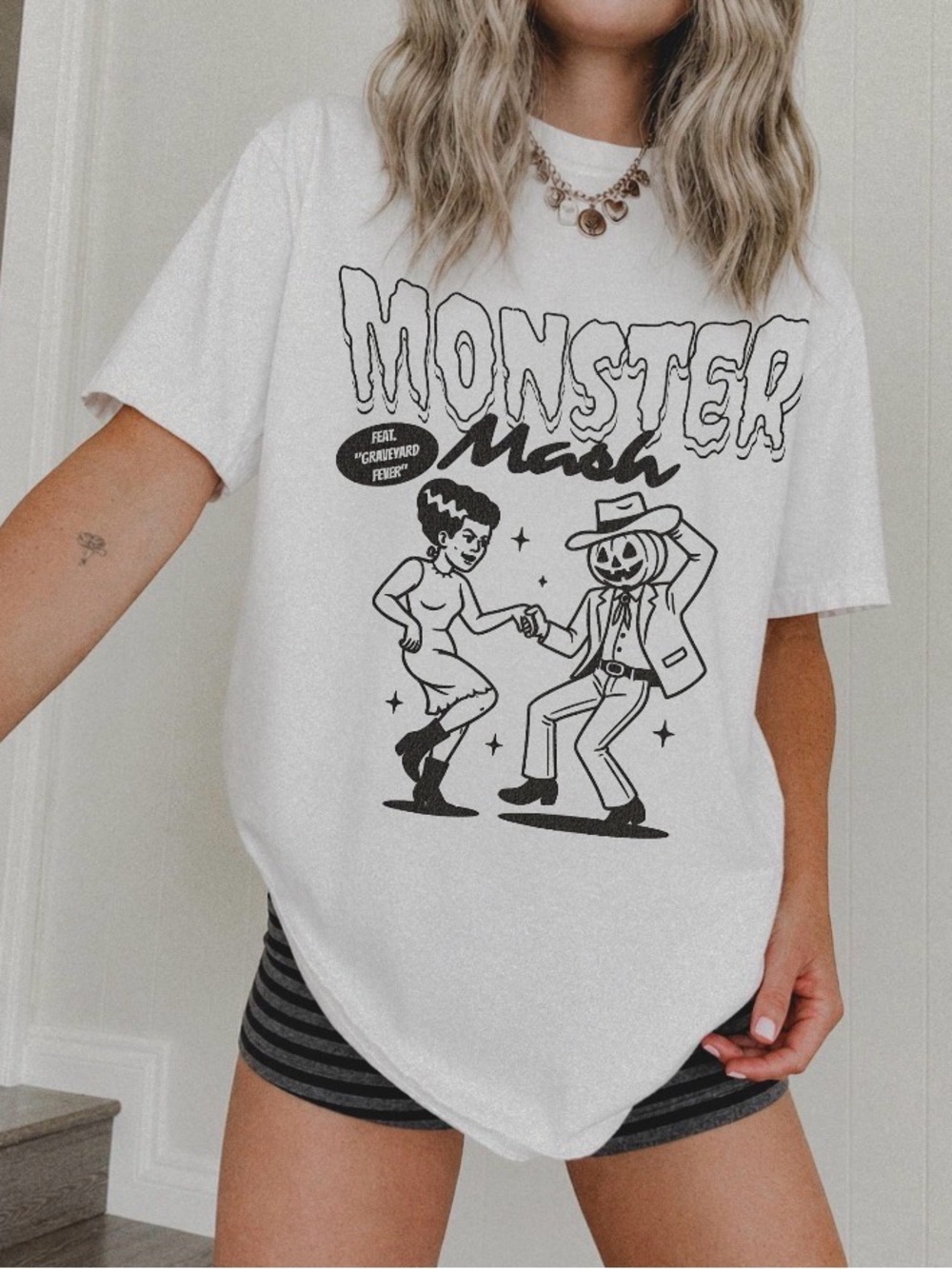 Monster Mash Graphic T-Shirt, Retro Dancing Monsters Pumpkin Graphic Halloween